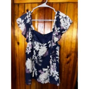 Torrid Navy‎ Floral Cold Shoulder Flutter Sleeve Smocked Top Plus Size 00